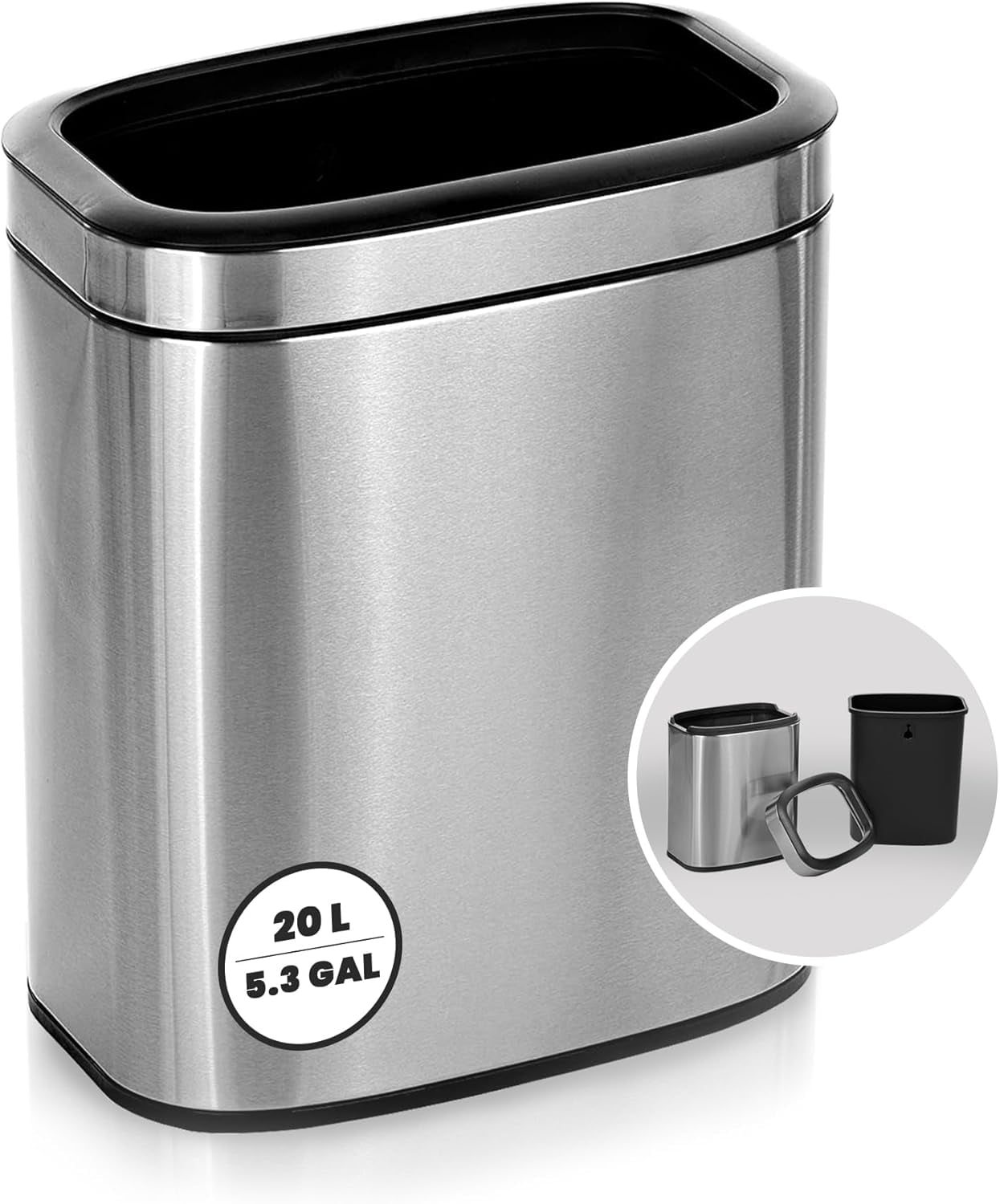 Alpine 20 Liter /5 Gallon Trash Can Open Top - Slim Stainless Steel Trash Can No Lid, Modern ...