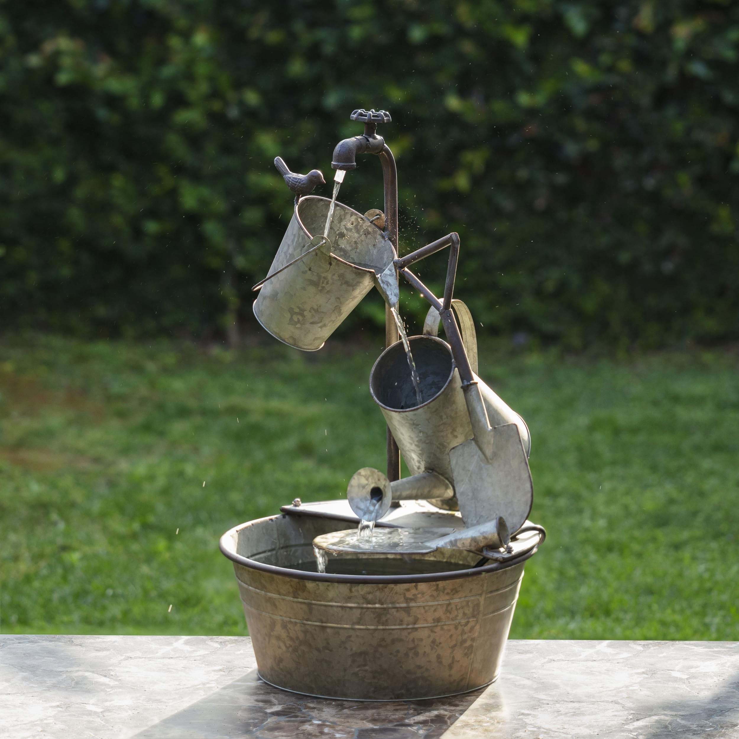 Alpine 3-Tiered Garden Tools & Faucet Waterfall Floor Fountain, 28" Outdoor Gray Water Feature