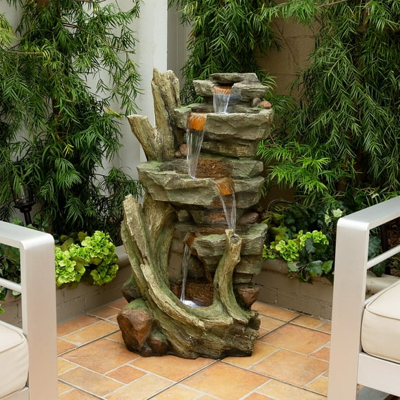 Alpine 39" Outdoor Multi-Tier Stone Tower Waterfall Electric Fountain with LED Lights