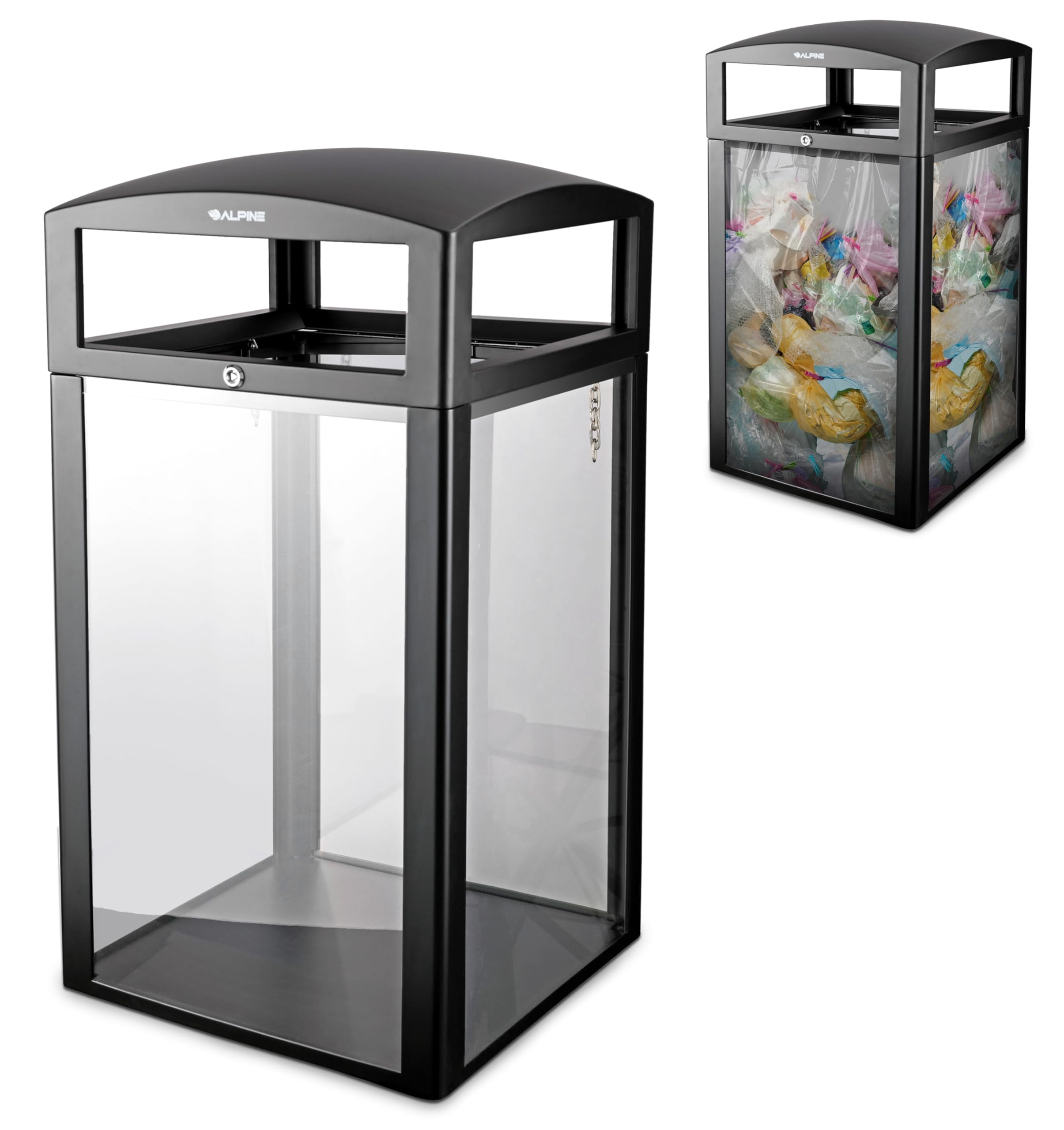 Alpine 40 Gallon Commercial Clear Trash Can with Lid for Outdoor & Indoor - DHS Complaint See Through Security Trash Bin, Transparent Garbage Bin for TSA in Airpot, Train Station, Bus Station, Mall
