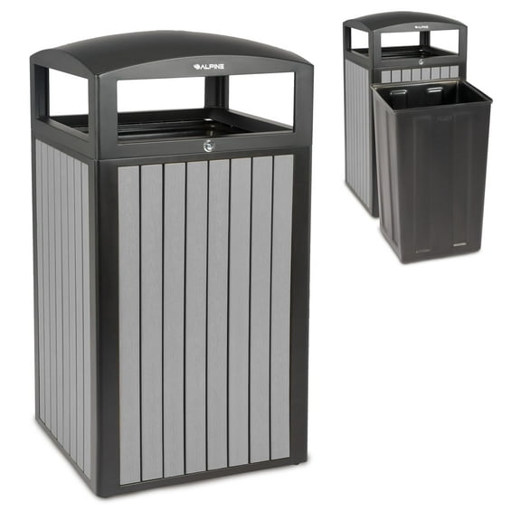 Alpine 40 Gallon Commercial Outdoor Trash Can with Lid - Modern Heavy Duty Large Outdoor Garbage Can with Durable Plastic Bin, Slatted Recycled Plastic Panels for Patio, Parks, Trails & Resorts