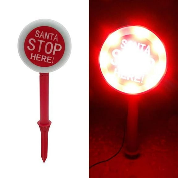 Alpine 9086247 15 in. LED Santa Stop Here Sign Yard Decor, Red & White