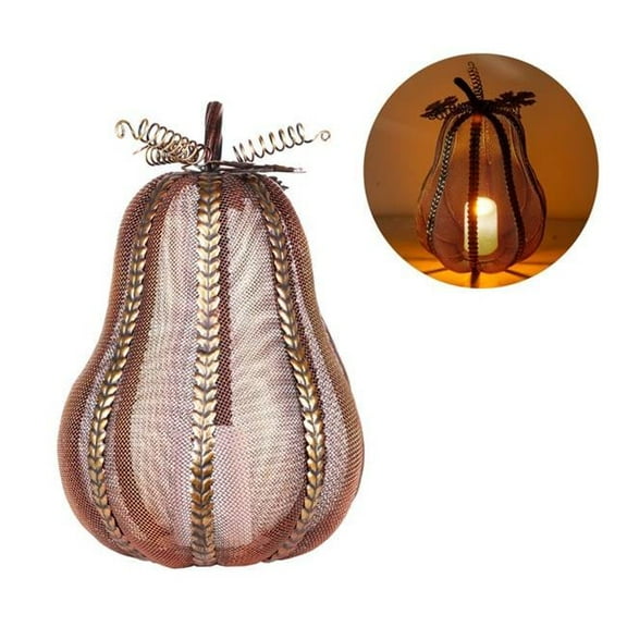 Alpine 9086744 Alpine 12 in. ED Elongated Mesh Pumpkin with Candle Tabletop D-cor, Warm Candle