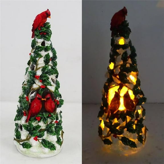 Alpine 9096293 14 in. LED Christmas Tree with Cardinals Table Decor - Green & Red