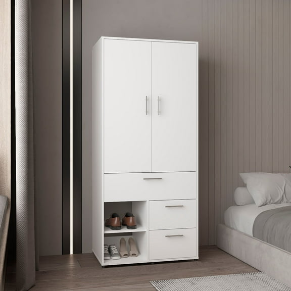 Alpine Armoire With Double Doors, Hanging Rod And Interior Shelves, Freestanding Modern Wardrobe Closet