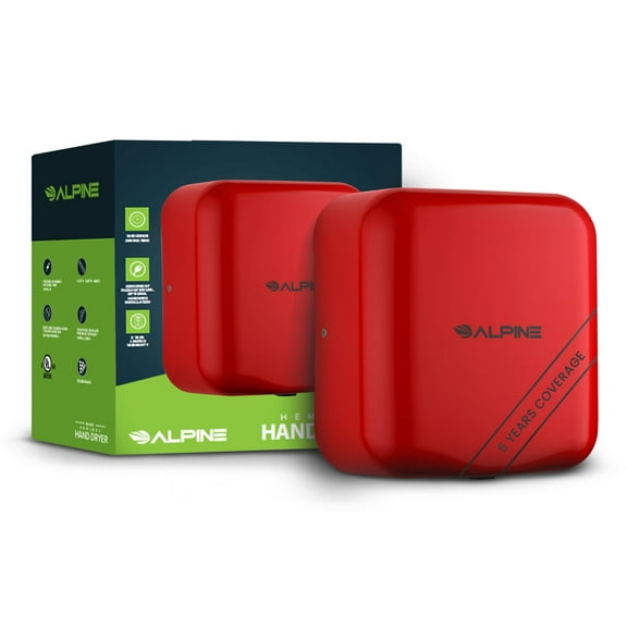 Alpine Automatic Hand Dryers for Bathrooms Commercial High Speed 110-120V Stainless Steel Electric Hand Dryer, Plug In & Hardwire Options (Red)