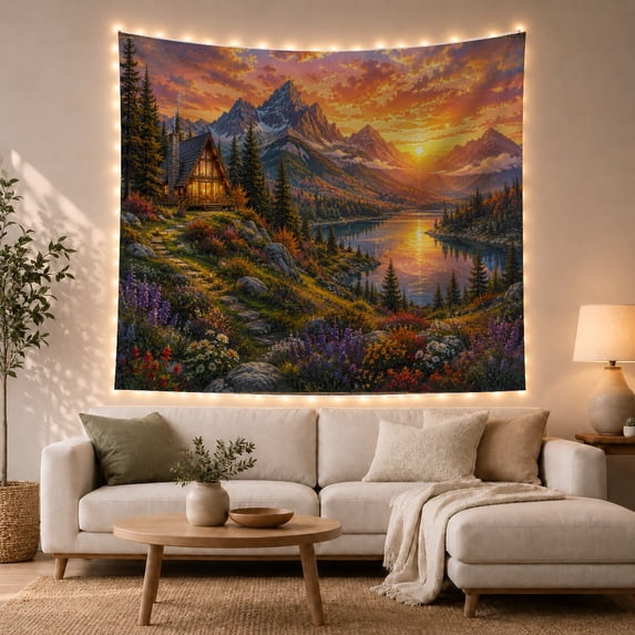 Alpine Cabin on Hillside Surrounded by Pines at Sunset, Calming Rustic for Nature Lovers, Mountain Lake Landscape Art, Housewarming Gift, Tapestry Wall Hanging for Living Room and Bedroom