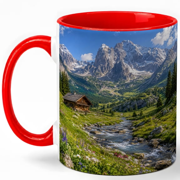 Alpine Cabin Mountain Coffee Mug, Outdoor Nature Mug, Hiking Birthday Christmas Gift, Snowy Peak Stream Wildflower Landscape Art, 11 oz White Ceramic Coffee Cup for Tea Lovers