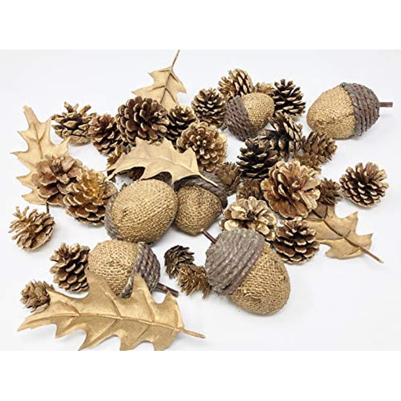 Alpine Cabin Seasonal Decoration - Golden Pinecones Acorns & Leaves (31 Piece Set)