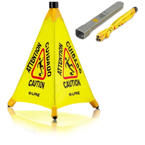 Alpine Caution Wet Floor Sign - Pop Up Slippery When Wet Sign, Wall Mounted Foldable Bilingual Yellow Safety Warning Cone For Commercial & Office Use (20 Inches)