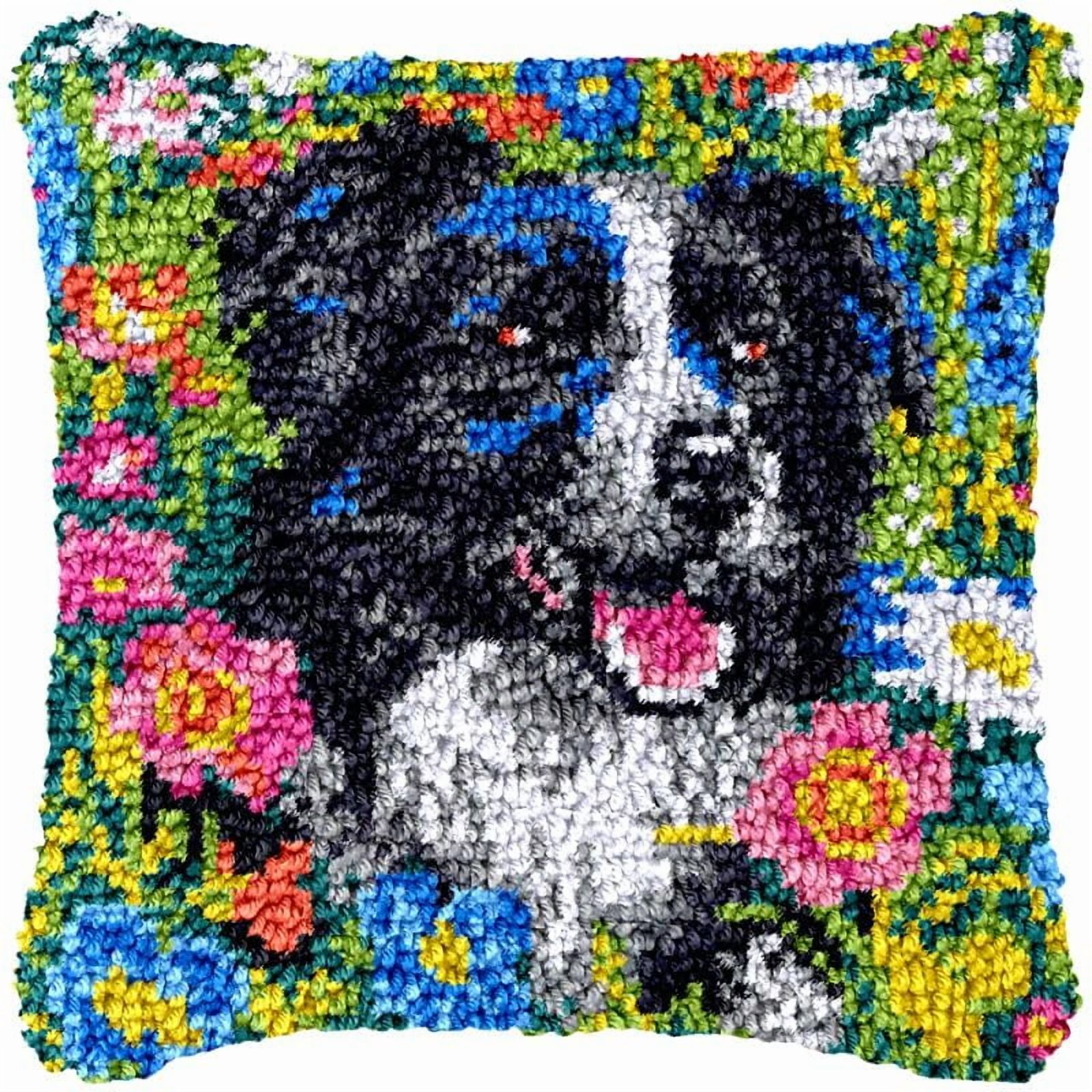 Alpine Collie Latch Hook Pillow Cover Kits for DIY Handmade Throw Pillow Cross Stitch Latch Hook Pillowcase Rug Kits with Preprinted Color Pattern Canvas Crochet Yarn Kits 17''X 17''(ys136)