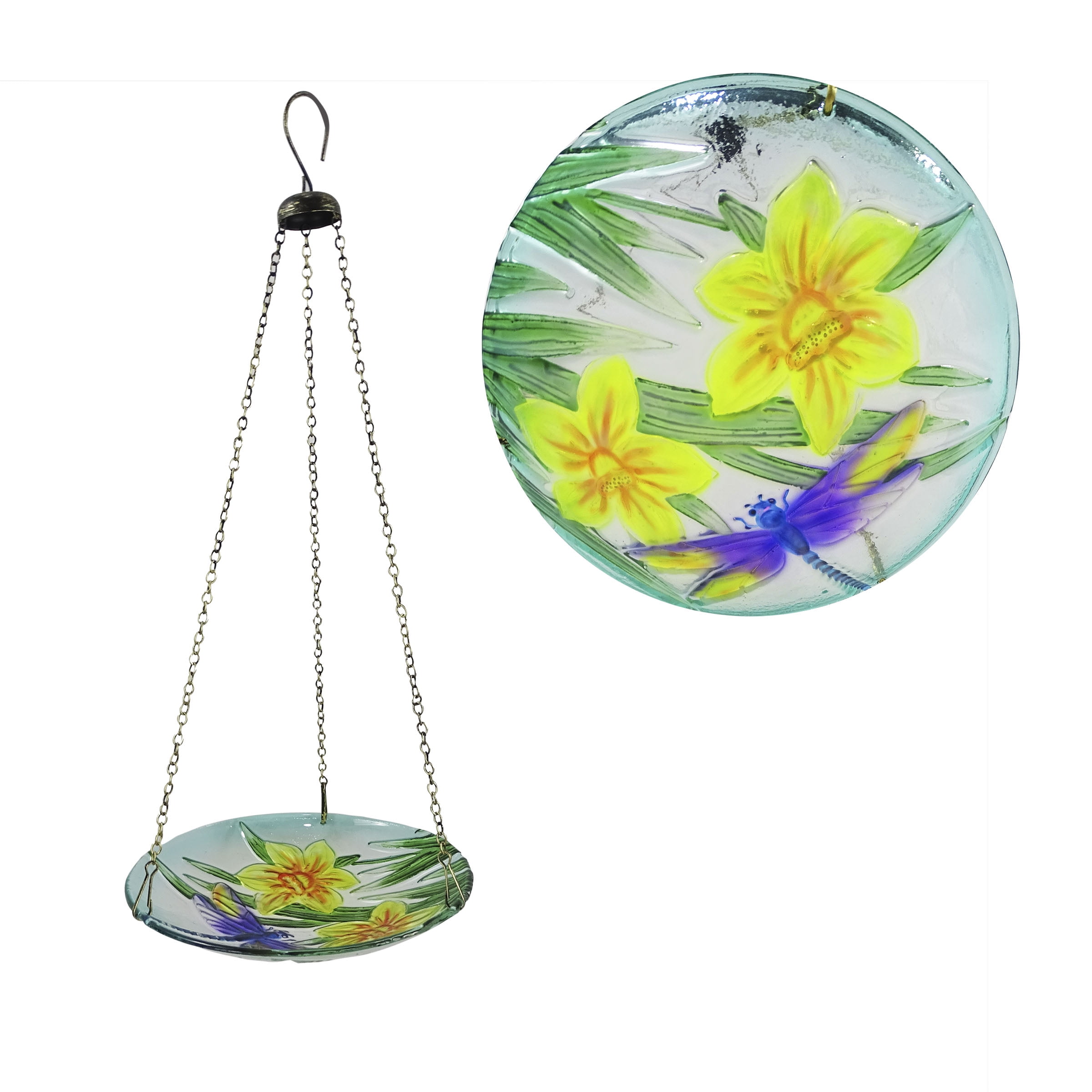 Alpine Corporation Hanging Glass Bird Feeder with Flowers & Dragonfly, Multicolor