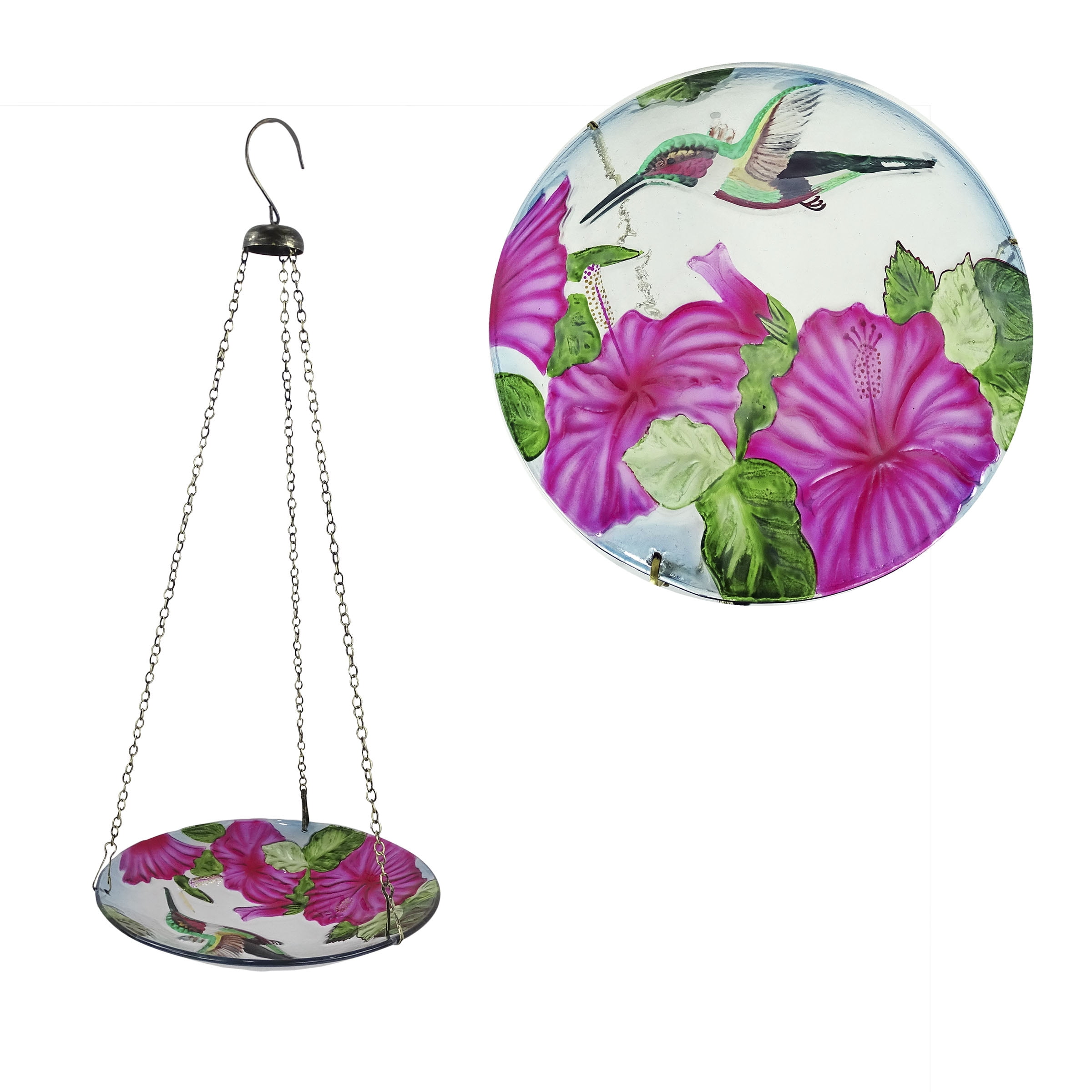 10" Multicolor Glass Hanging Bird Feeder with Red Flowers