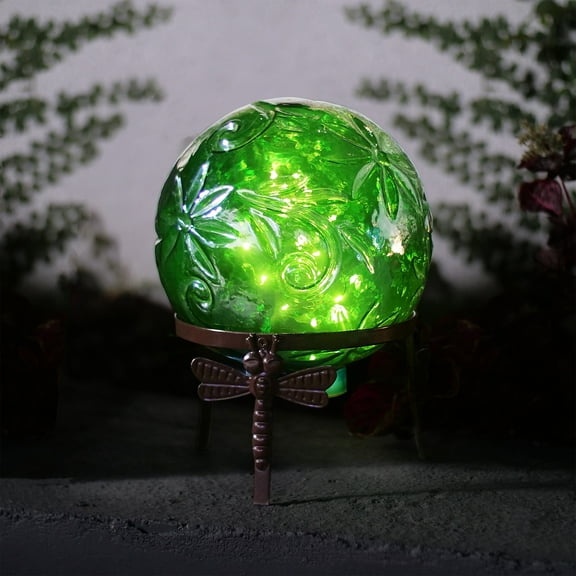 Alpine Corporation 10" Glass Light-up Gazing Ball & Stand, Green