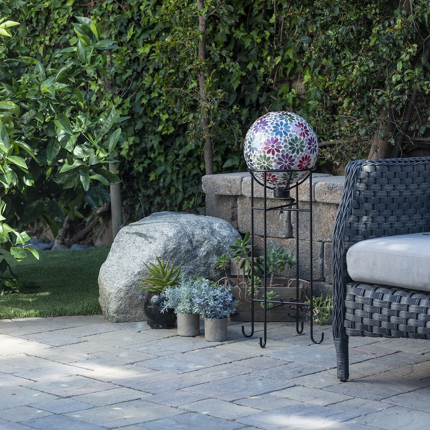 Alpine Corporation 10 In. Tall Glass Mosaic Globe With Pearlized Petals Gazing Ball Purple Grs122
