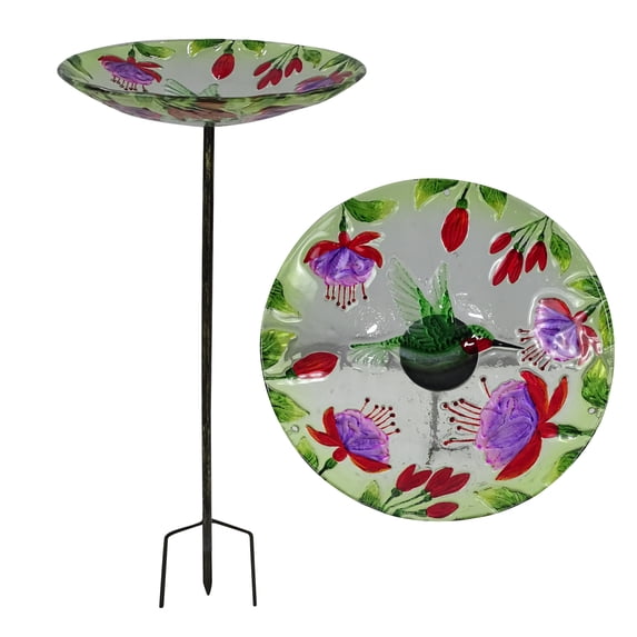 Alpine Corporation 10" Glass Stake Birdbath w/Flowers and Hummingbird