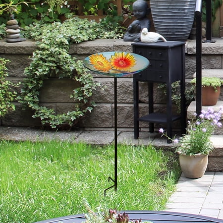 Alpine Corporation - Glass Stake Bird Bath with Flowers and Bee, Floral Décor for Lawn & Garden, 25’’ Tall (Multicolor)