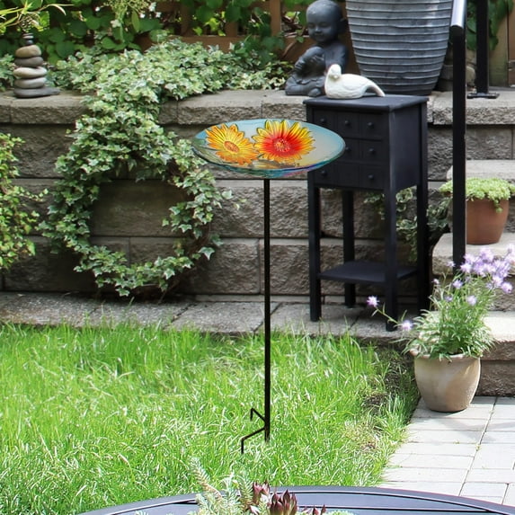 Alpine Corporation - Glass Stake Bird Bath with Flowers and Bee, Floral Décor for Lawn & Garden, 25’’ Tall (Multicolor)