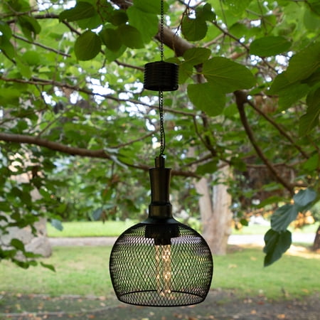 Alpine Corporation 10" Outdoor Metal and Glass Hanging Solar Warm White LED Lantern Light, Black