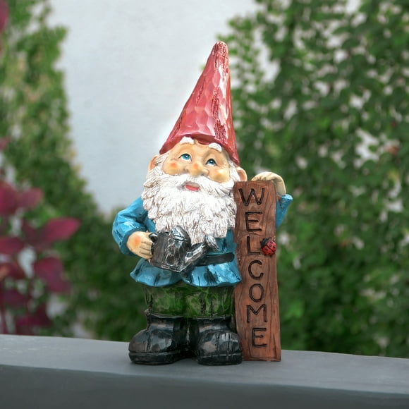 Alpine Corporation 12" Gnome with 'Welcome' Sign Garden Statue