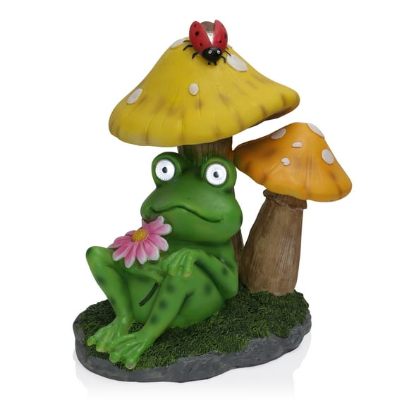 Alpine Corporation 12"H Frog Mushroom Statue with Solar Light-Up Eyes