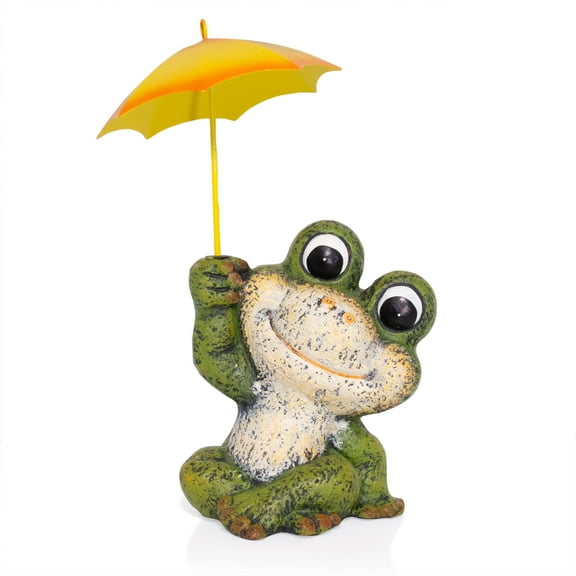 Alpine Corporation 12"H Sitting Jolly Frog with Yellow Umbrella Statue