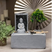 Alpine Corporation 12" Tabletop Buddha Bonsai Garden Fountain with LED Lights, Gray