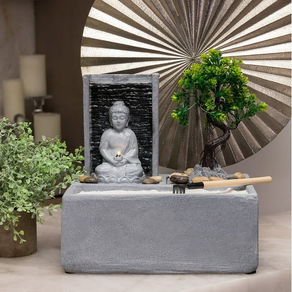 Alpine Corporation 12" Tabletop Buddha Bonsai Garden Fountain with LED Lights, Gray