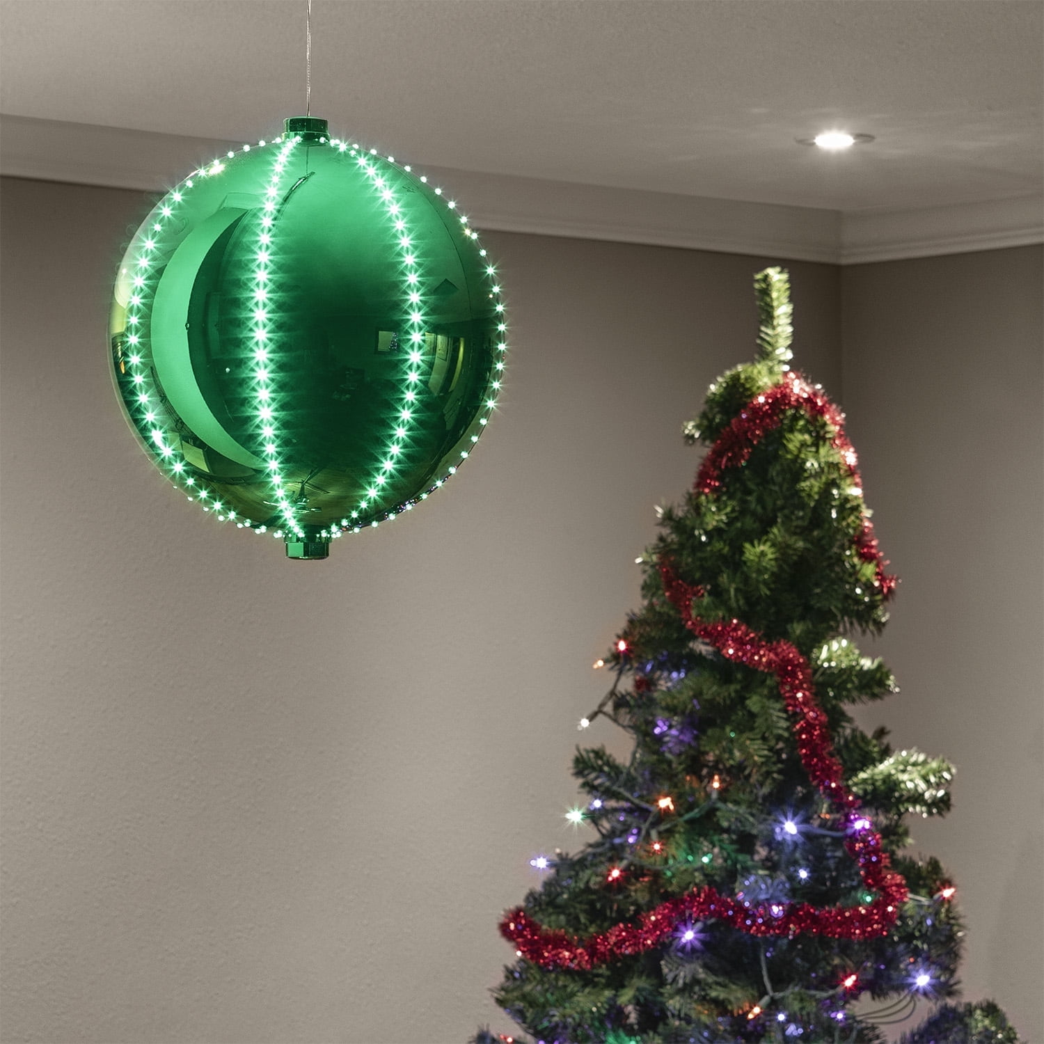 Alpine Corporation 13" Light-Up Hanging Ball Holiday Ornament, Green