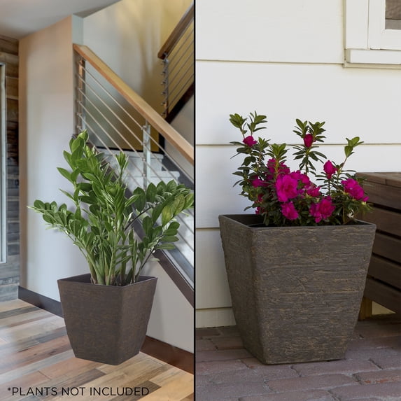 Alpine Corporation 13" x 14" Stone-Look Planters, Brown, Set of 2