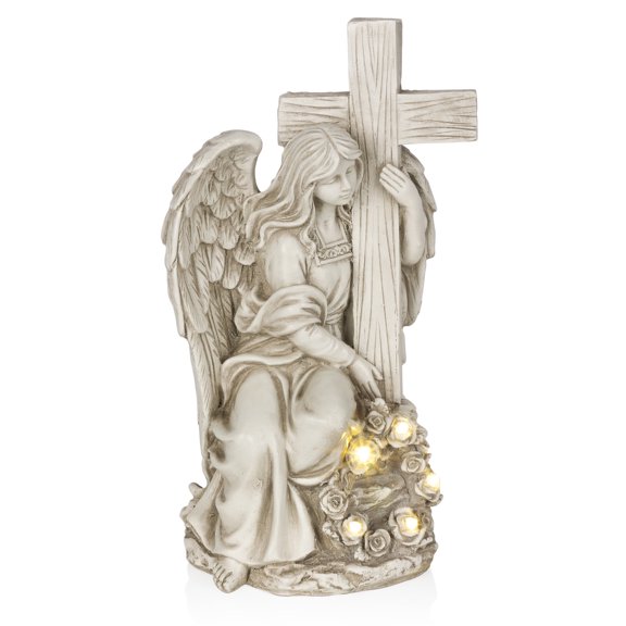 Alpine Corporation 14"H Solar Angel Holding Cross Statue with LED Lights