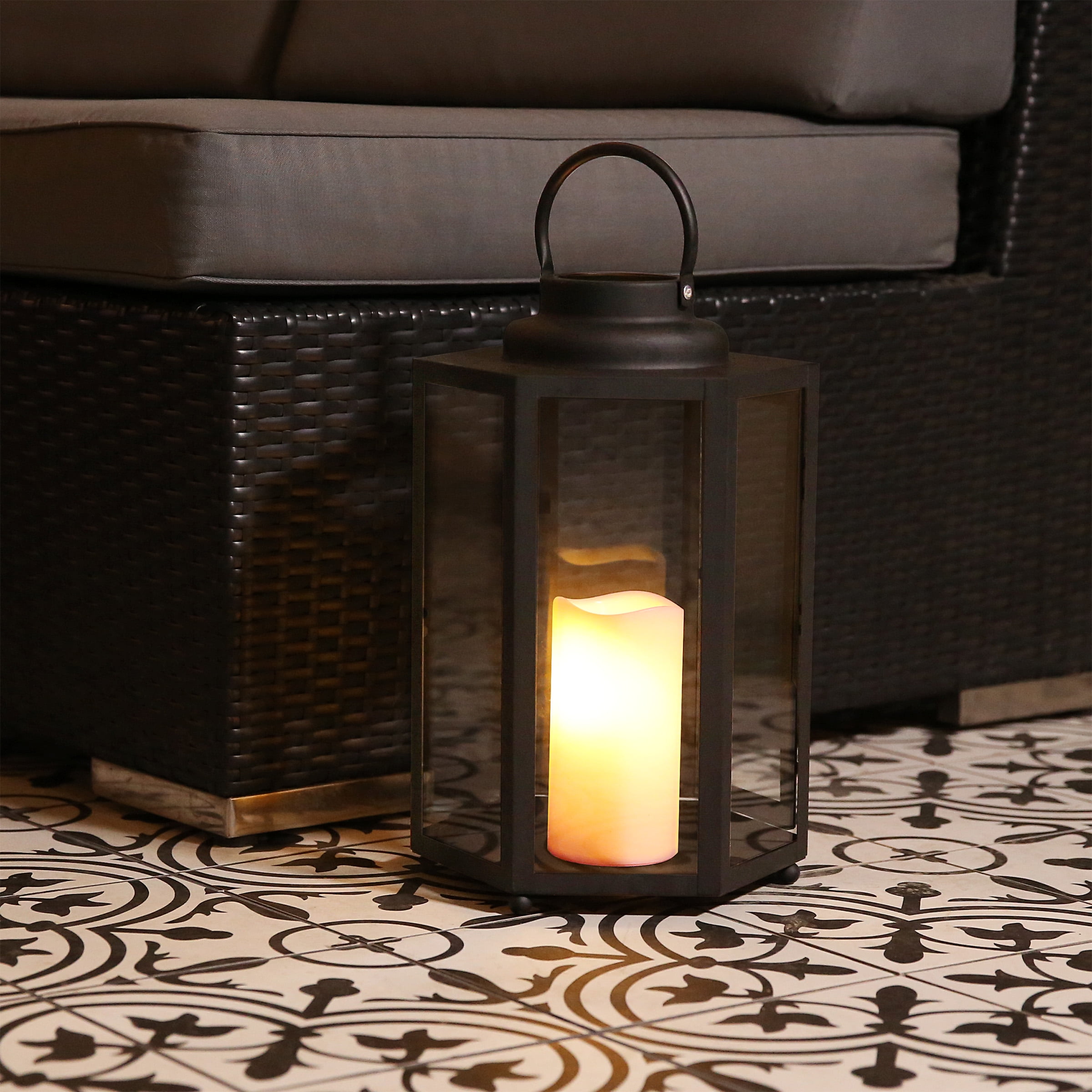 14" Black and White LED Pathway Lantern with Glass Panels