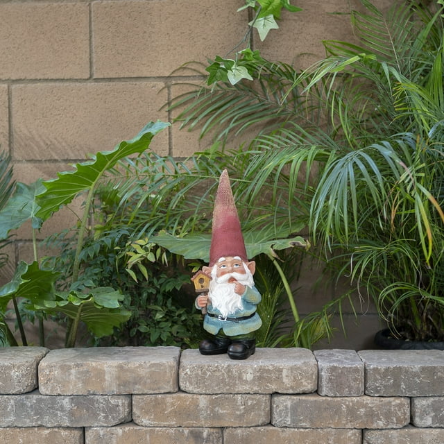 Alpine Corporation 15" Garden Gnome Holding Birdhouse Outdoor Statue, Red