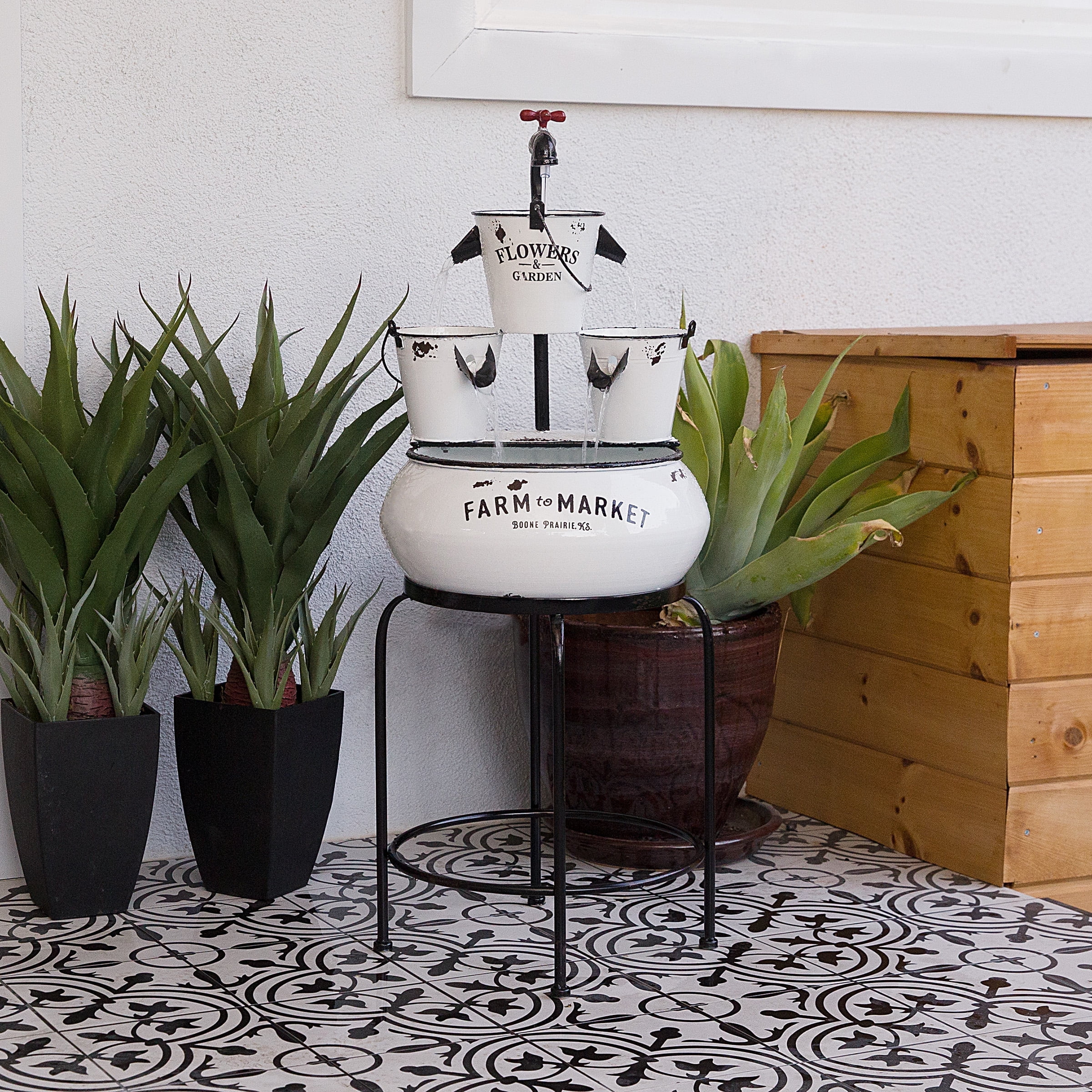 Alpine Corporation 15" x 15" x 36" Outdoor Iron Tiered Pails Pump Fountain, White