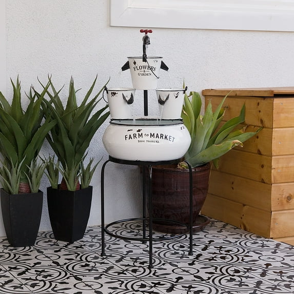 Alpine Corporation 15" x 15" x 36" Outdoor Iron Tiered Pails Pump Fountain, White