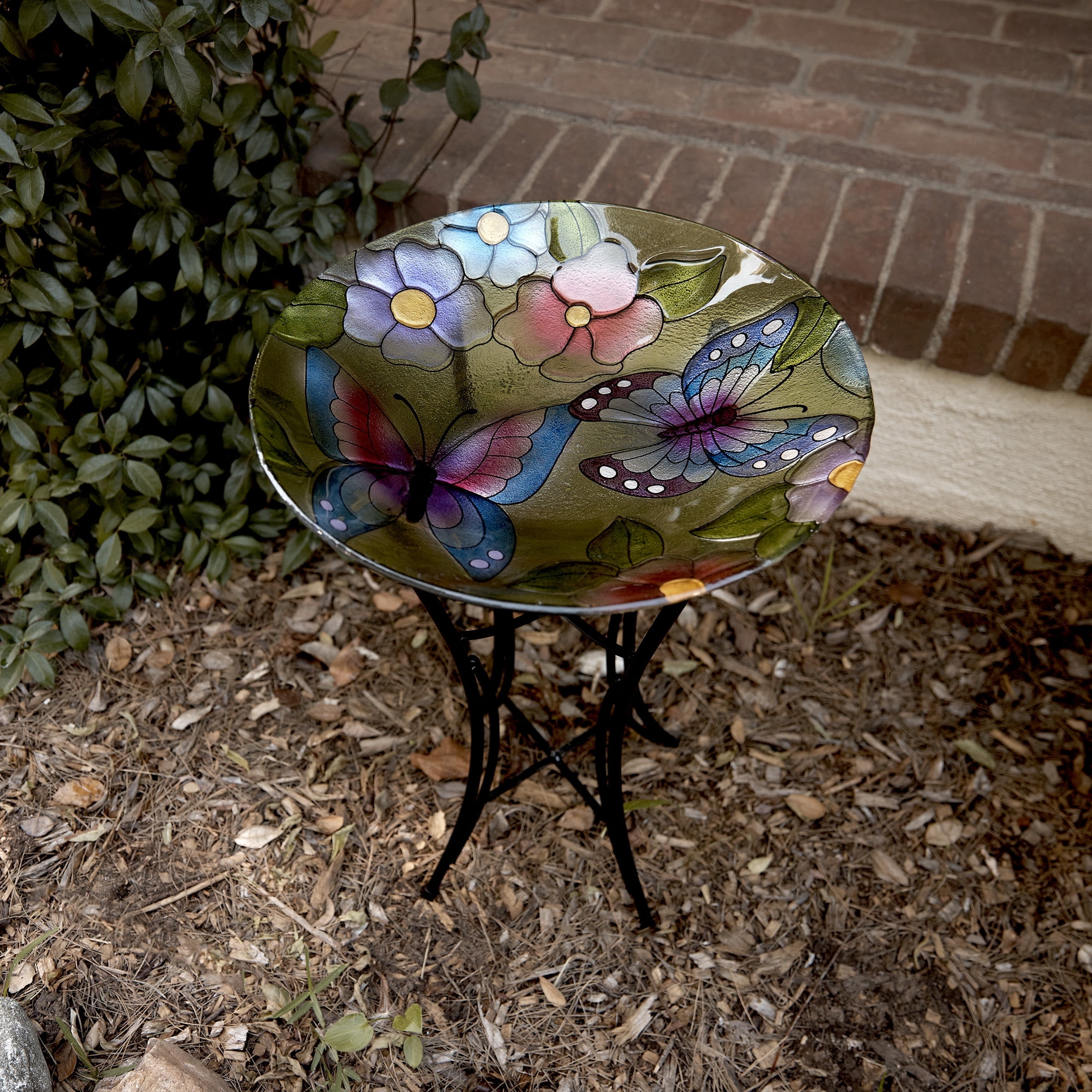 Alpine Corporation 18" Floral Butterfly Painted Glass Birdbath Bowl, Multicolor