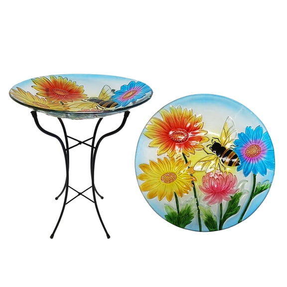 Alpine Corporation 18" Glass Birdbath w/ Flowers & Bee w/ Metal Stand