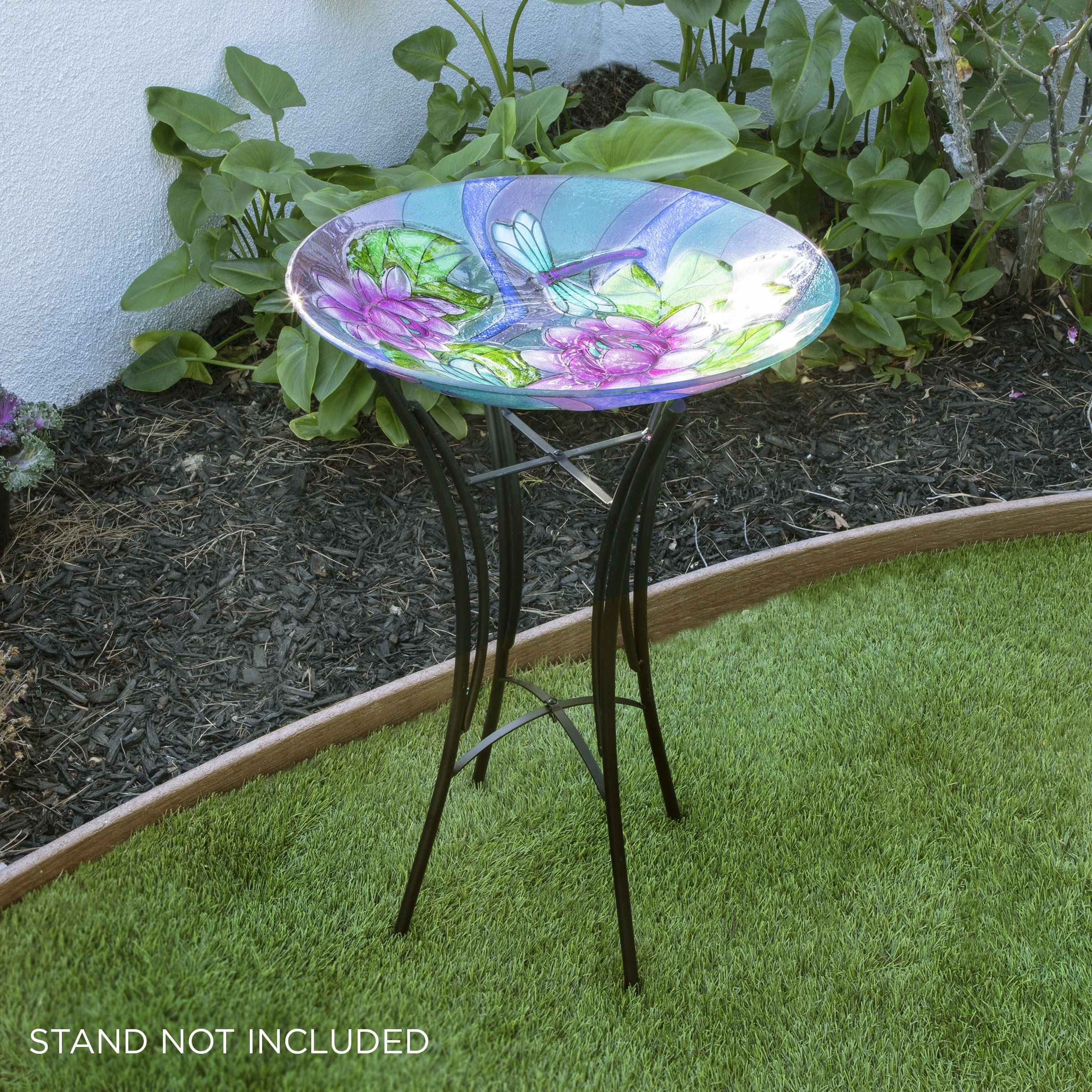 Alpine Corporation 18" Lotus Dragonfly Painted Glass Birdbath Bowl, Multicolor