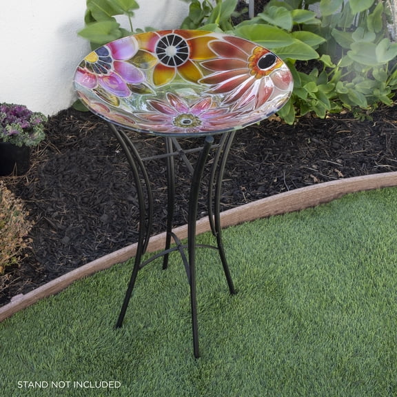 Alpine Corporation 18" Round Outdoor Birdbath Bowl Topper with Colorful Painted Flowers Design
