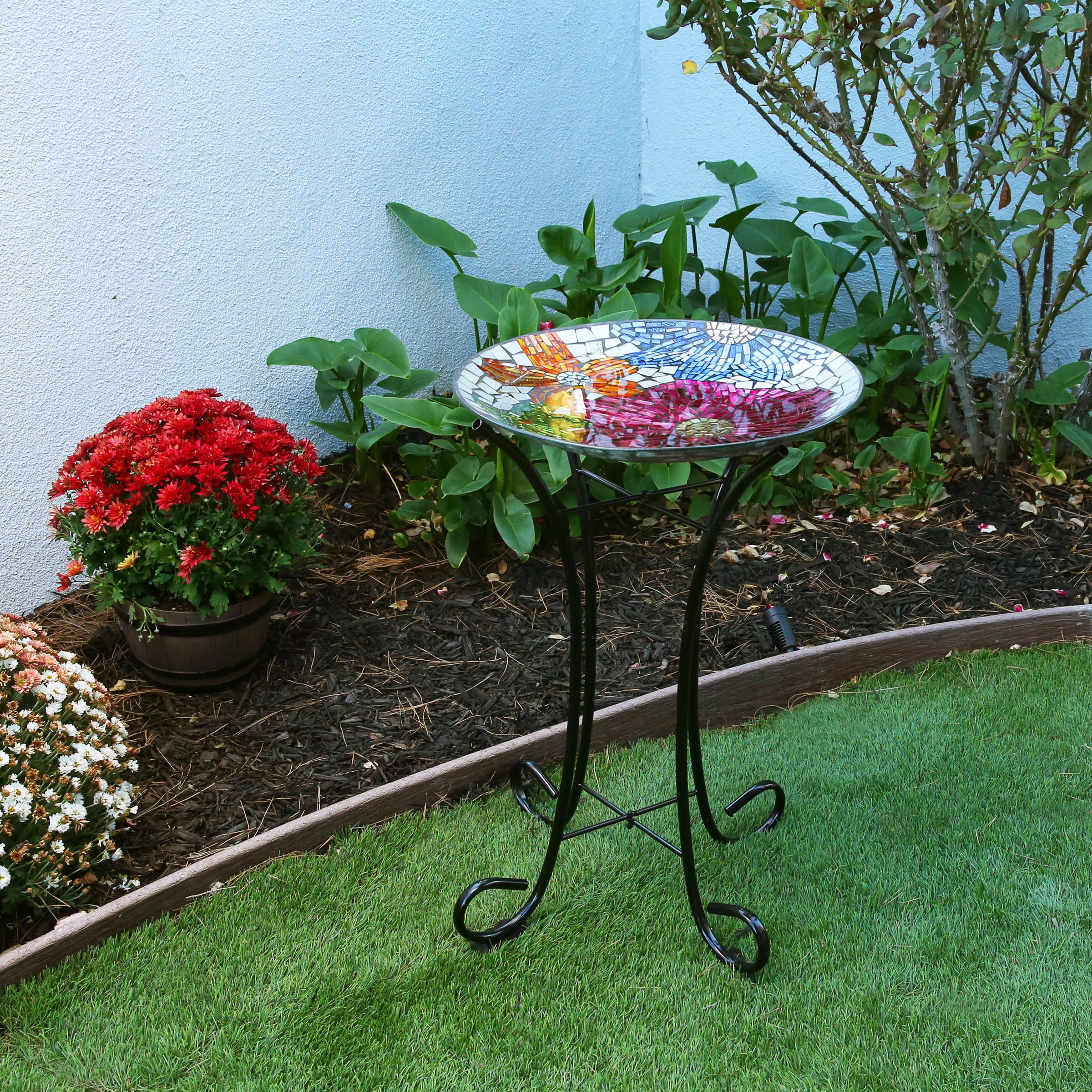 Alpine 18" Multicolor Mosaic Glass Bird Bath with Stand