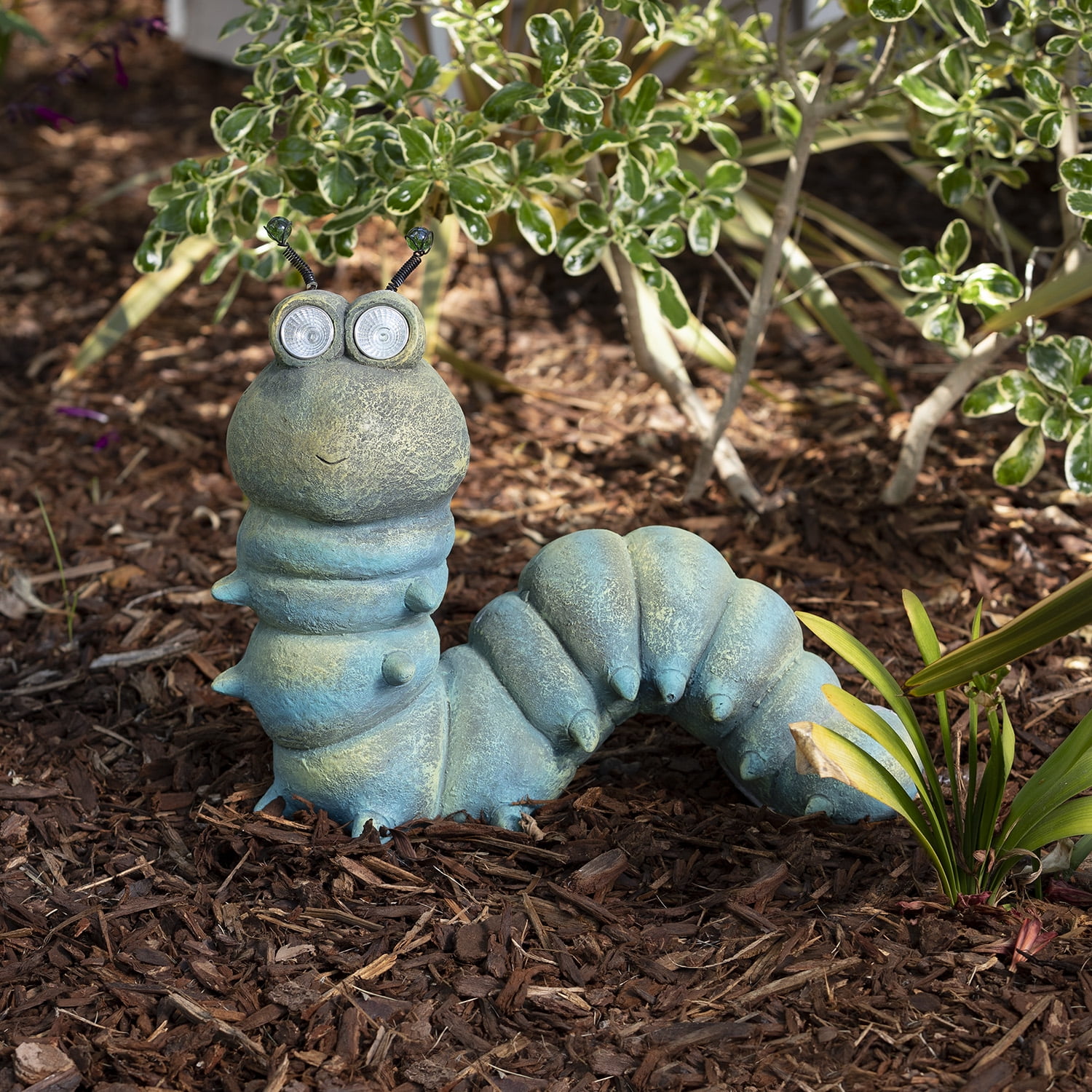 Alpine Corporation 18" x 8" x 16" Caterpillar Statue with Solar-Powered LED Lights, Teal