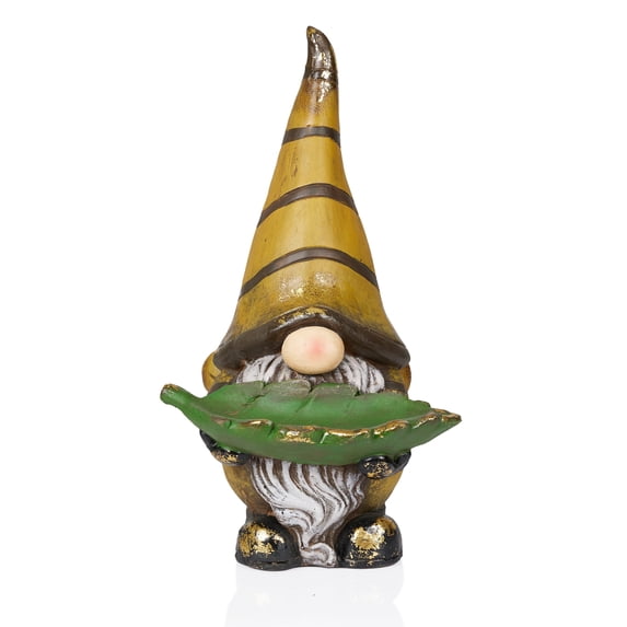 Alpine Corporation 19"H Vintage Gnome Holding Leaf Bird Feeder with Hat