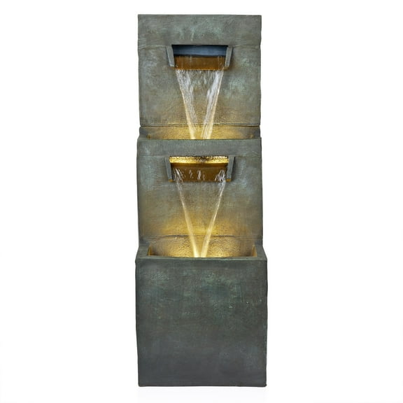 Alpine Corporation 2-Tier Modern Polystone Fountain w/ Warm White LED Lights