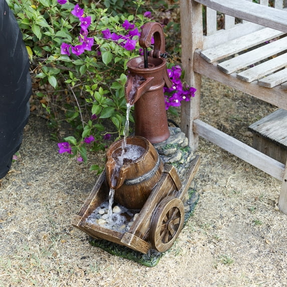Alpine Corporation 20" x 11" x 23" Outdoor Polystone Vintage Water Pump Fountain, Red/Brown