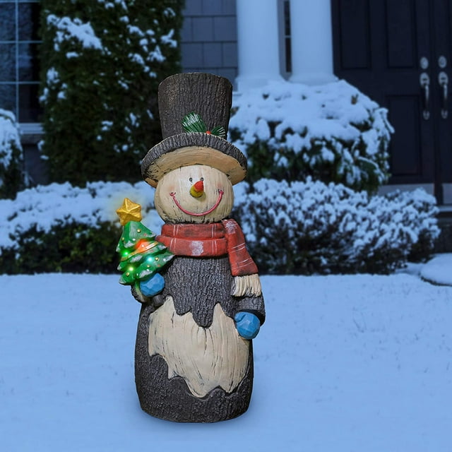 Alpine Corporation 21" x 16" x 48" Polyresin Snowman LightUp Holiday Statue, Brown