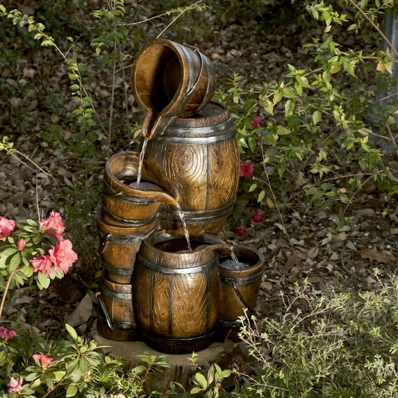 Alpine Corporation 24"H Indoor/Outdoor Tiered Barrels and Buckets Fountain, Brown