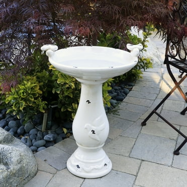 Alpine Corporation 24-inch Ceramic Bird Bath with Bird Figurines, Light Brown