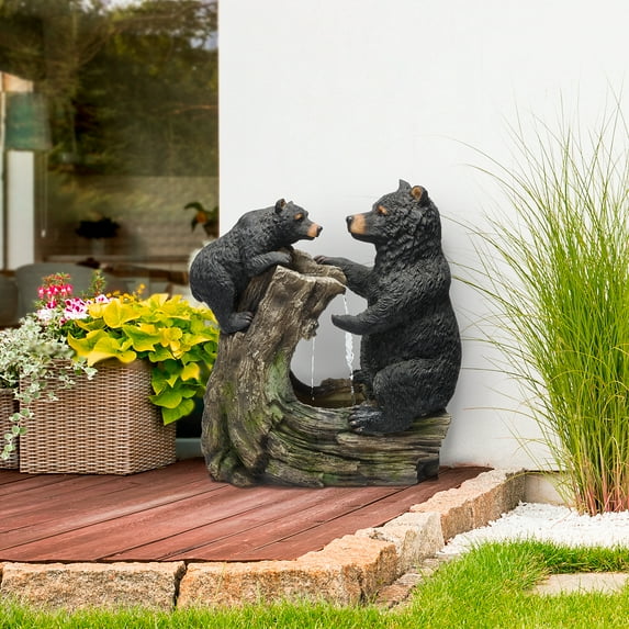 Alpine Corporation 26" Tall Outdoor Bear and Cub with Tree Fountain Yard Statue Decoration
