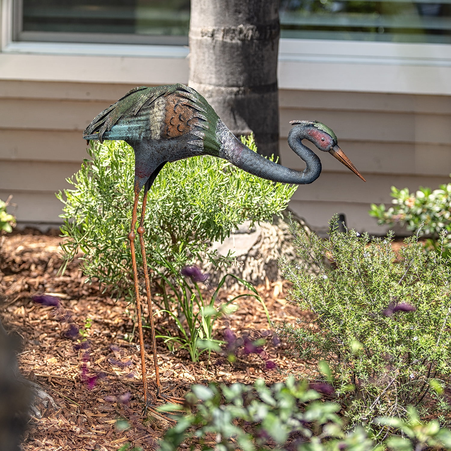 30" Multicolor Rustic Metal Crane Garden Statue