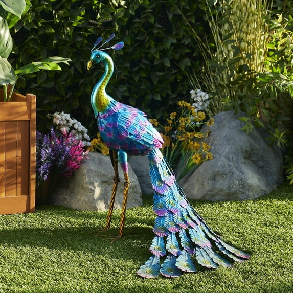 Alpine Corporation 28" Metallic Peacock Garden Statue